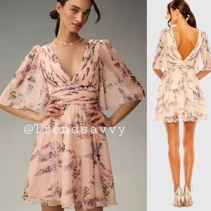 Anthropologie Ieena for Mac Duggal Peach Floral Chiffon A-Line Mini Dress 8 NWT